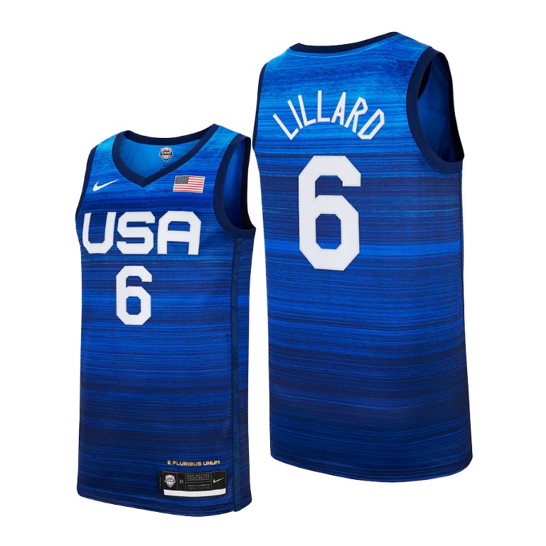 Men's USA Basketball #6 Damian Lillard 2021 Blue Tokyo Olympics Stitched Away Jersey Men's USA Basketball #6 Damian Lillard 2021 Blue Tokyo Olympics Stitched Away Jersey